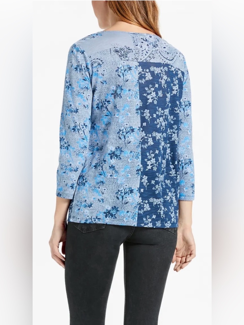 Lucky Brand The Madeline Floral Print Tee Top color-blocked Blue 3/4 Sleeves- 3X - Picture 2 of 8